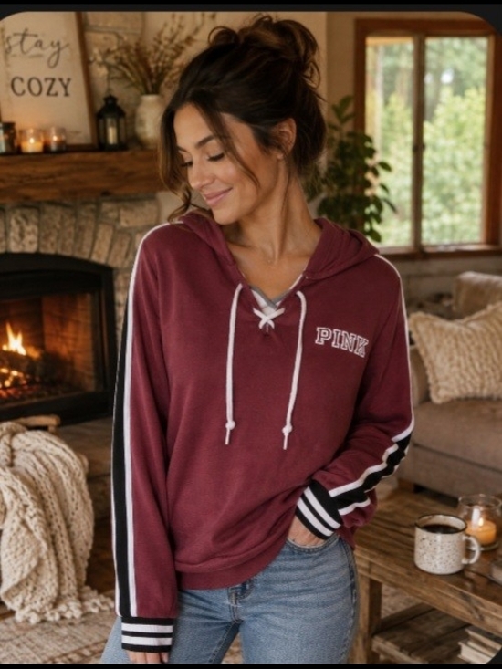 PINK Victoria's Secret Tops - PINK Victoria's Secret Burgundy Lace Up Varsity Striped Hoodie Size SP